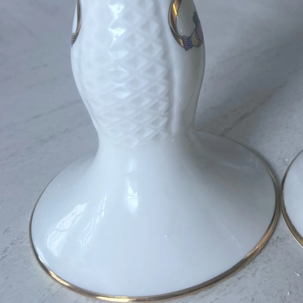 Claddagh Candlestick Holders Porcelain gold trim ivory white Donegal Parian